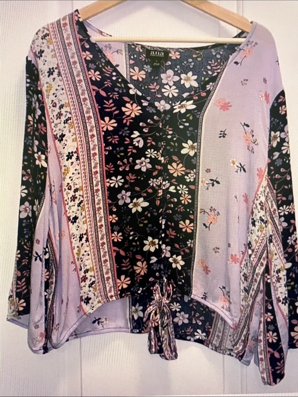 Alia Lavender & Black Floral Patchwork Tie-Hem Blouse